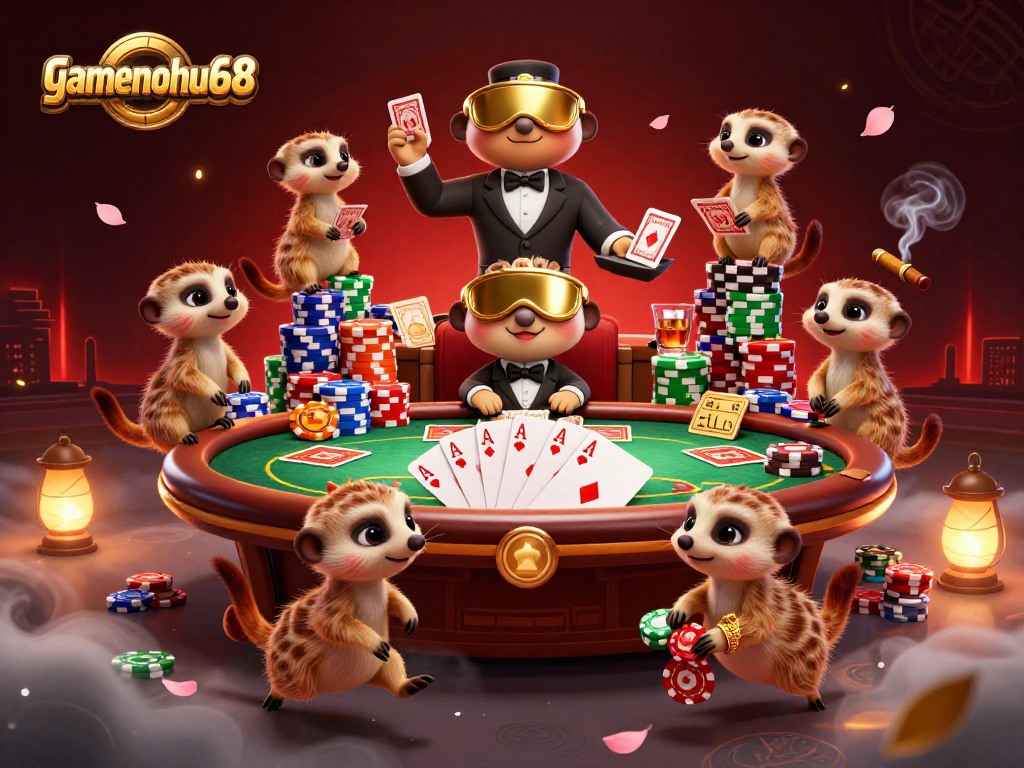 Experience gaming excitement with the lively meerkat crew at gamenohu68's vibrant casino scene.