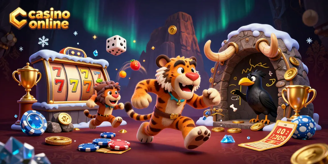 Gioca su casino online con un duo preistorico che gestisce il casinò e simboli delle slot volanti.
