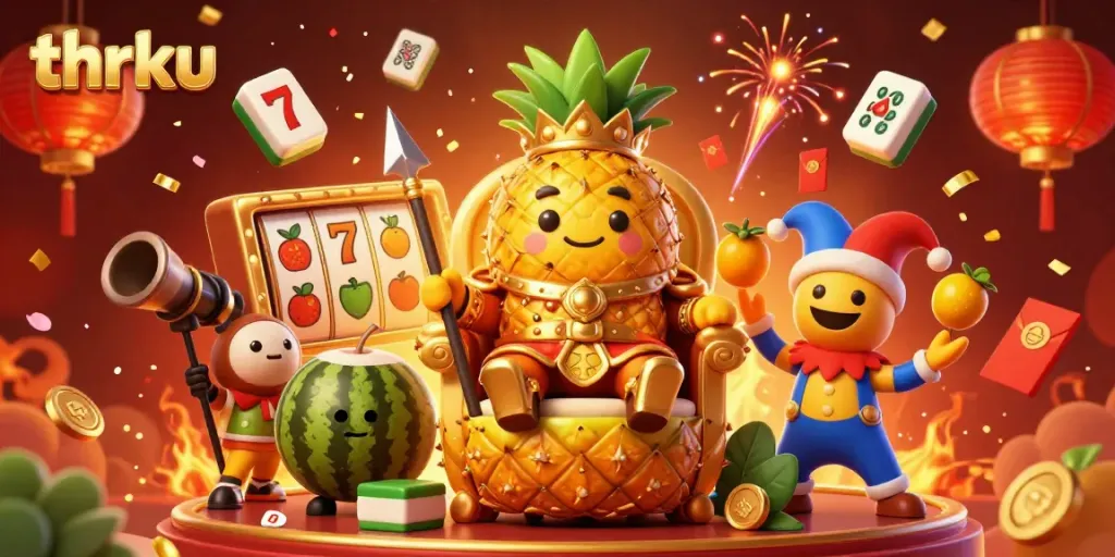 Experience the thrilling casino action at thrku with golden symbols, vibrant fireworks, and festive characters.