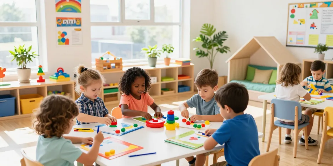 Children at シンガポール 幼稚園 日本人 engaging in fun, hands-on learning activities in a bright classroom atmosphere.