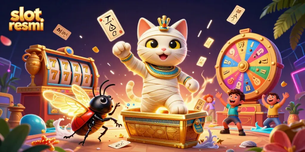 Experience thrilling slot resmi action with an Egyptian mummy cat and scarab beetle in a vibrant casino.