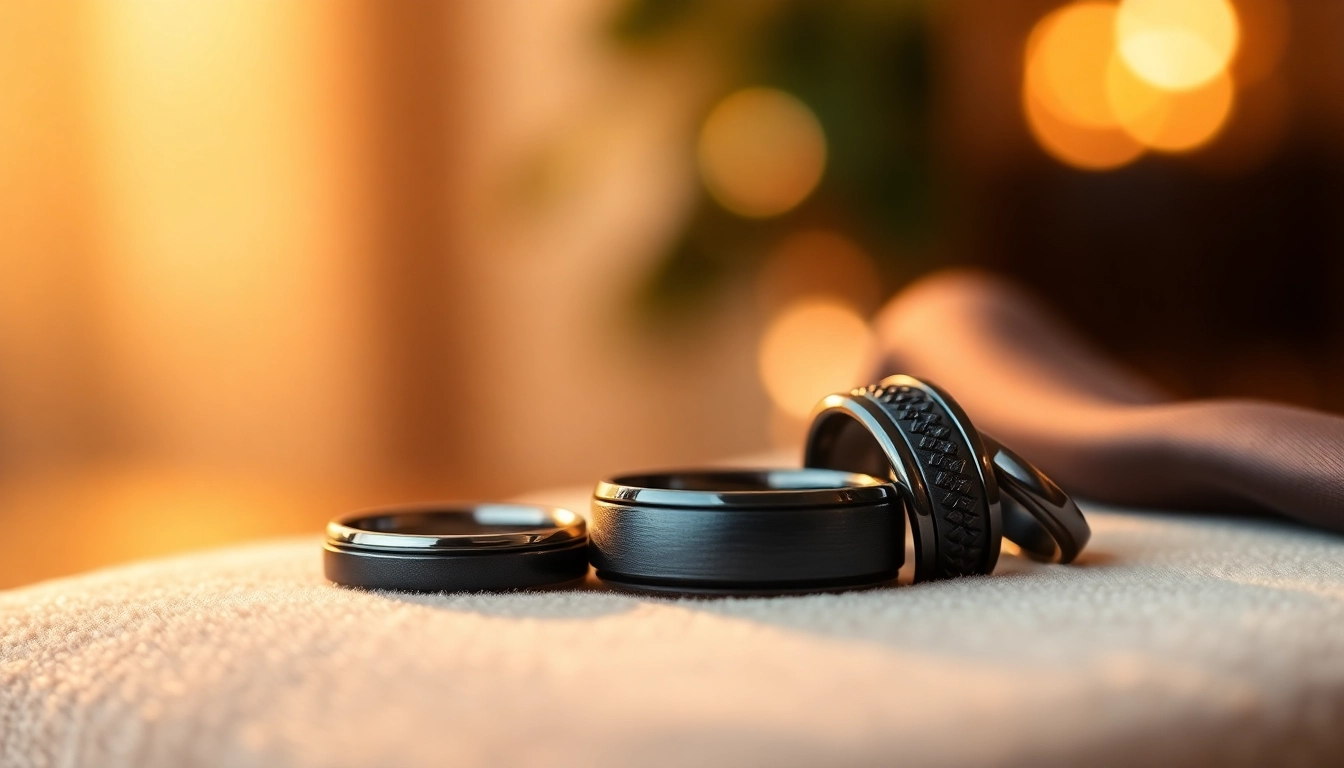 Showcase dark mens wedding bands in a luxurious setting highlighting their elegant designs.