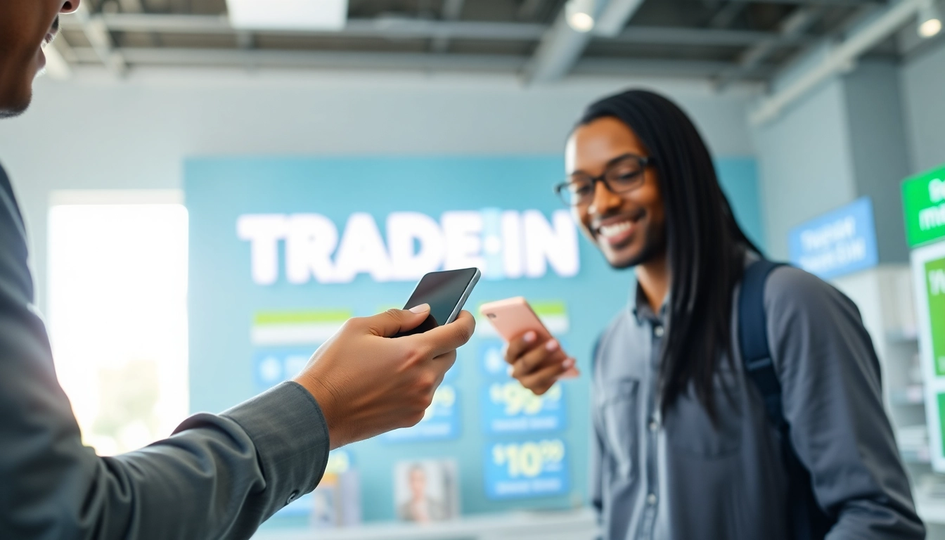 Trade in phone for cash at a modern store, showcasing a customer receiving cash for their smartphone.