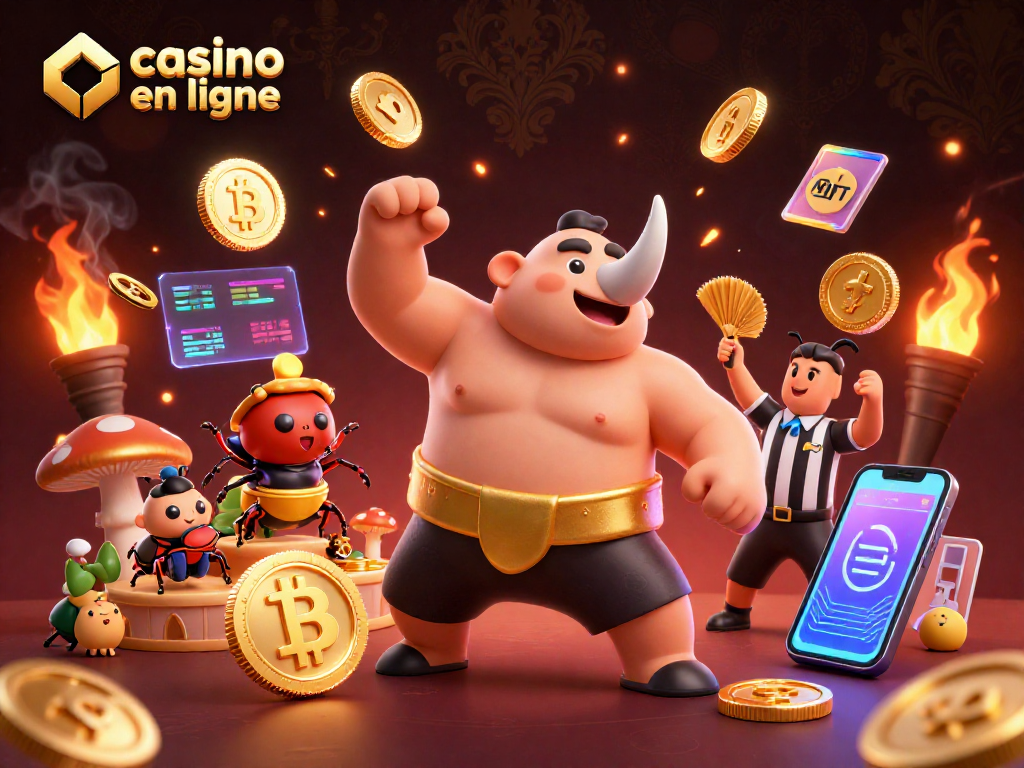 Célébrez le casino en ligne avec un coléoptère rhinocéros sumo et des pièces d'or brillantes.