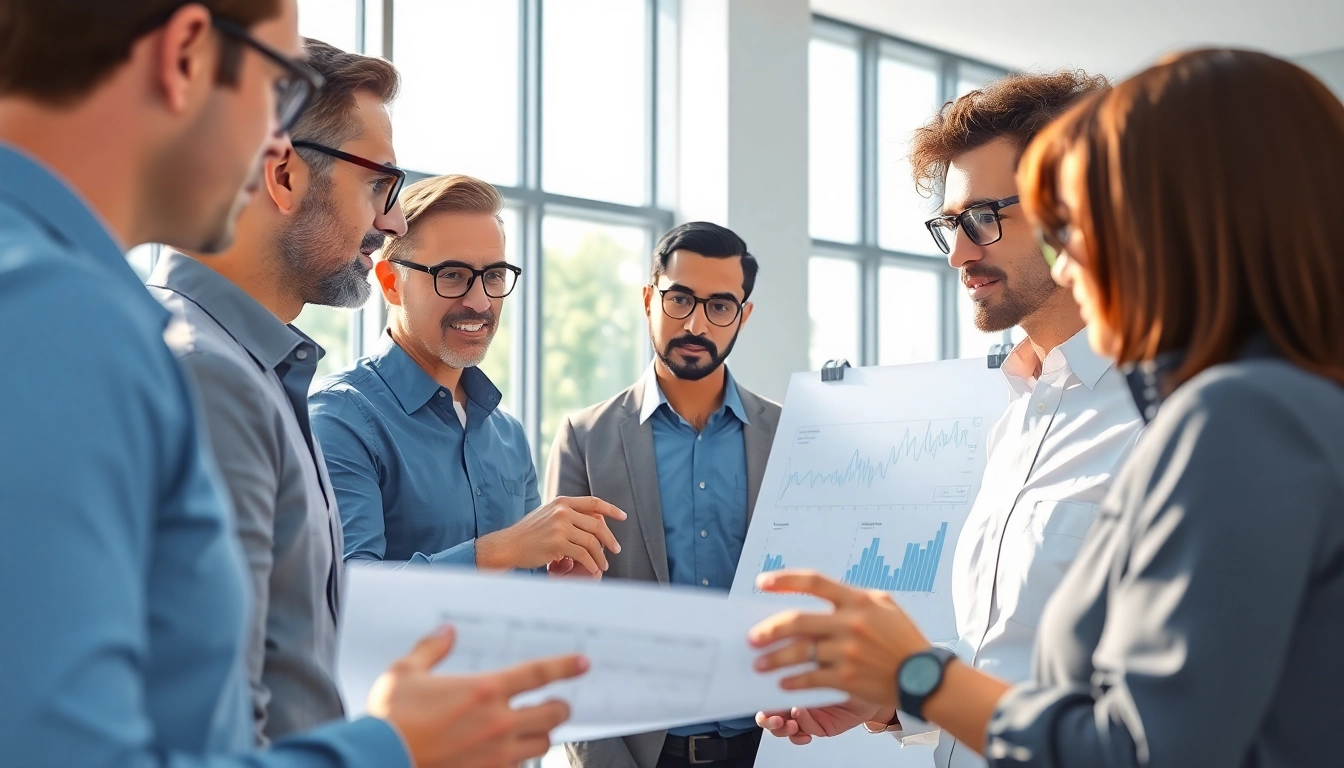Business development executive leading a team meeting with dynamic visuals in a modern office.