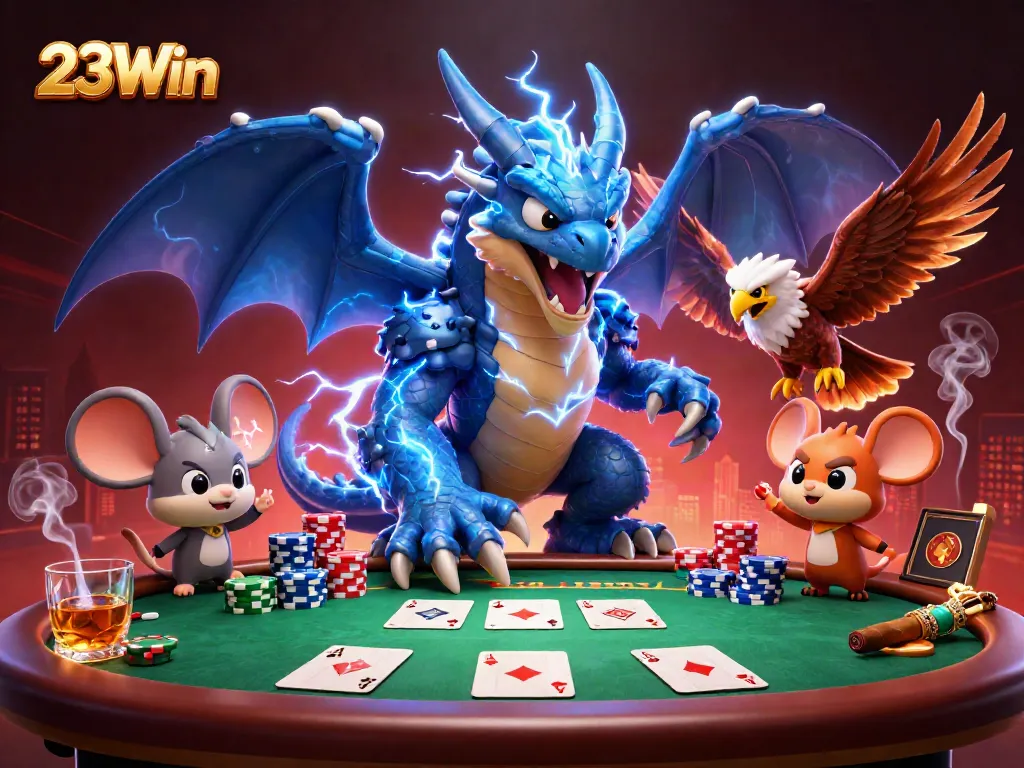 Experience excitement at 23Win as the dragon, hawk, and thunder mouse create an electrifying poker scene.