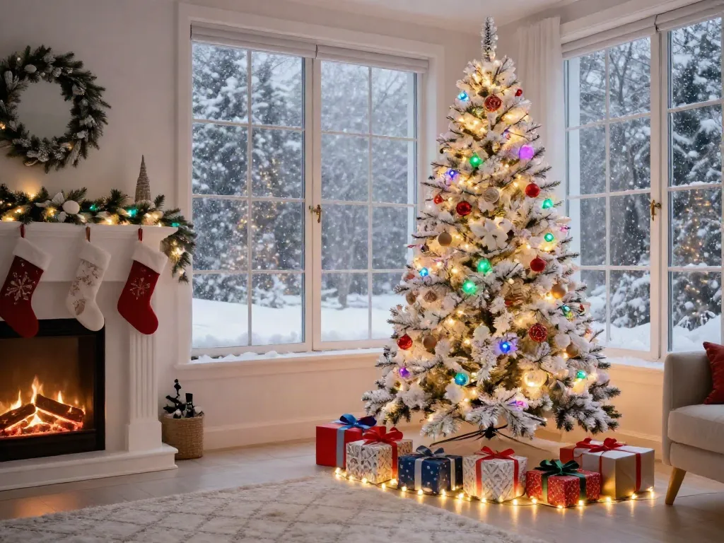 Beautifully decorated white colorful Christmas tree with multicolored lights in a cozy living room.