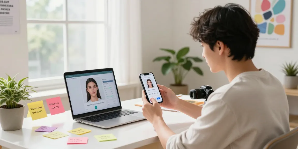 Engaged young adult using an attractive test app on smartphone, showcasing AI beauty analysis.