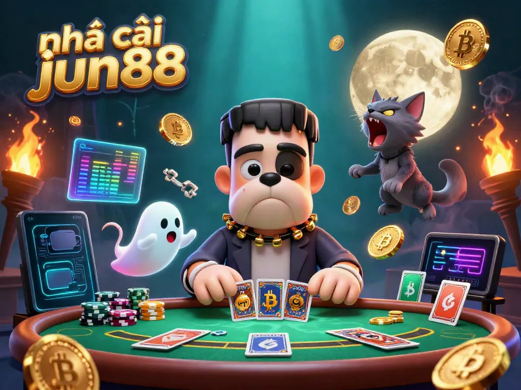 Play cards with the charming characters at nhà cái jun88, featuring a whimsical bulldog monster and magical elements.