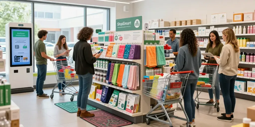 Shoppers exploring eco-friendly products at ShopSmart, highlighting sustainable floor mats and personalized towels.