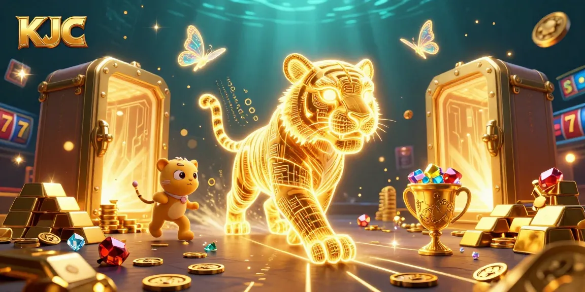 KJC offers an immersive gambling experience in a vibrant digital casino landscape, featuring interactive elements like slot reels and glowing treasures.