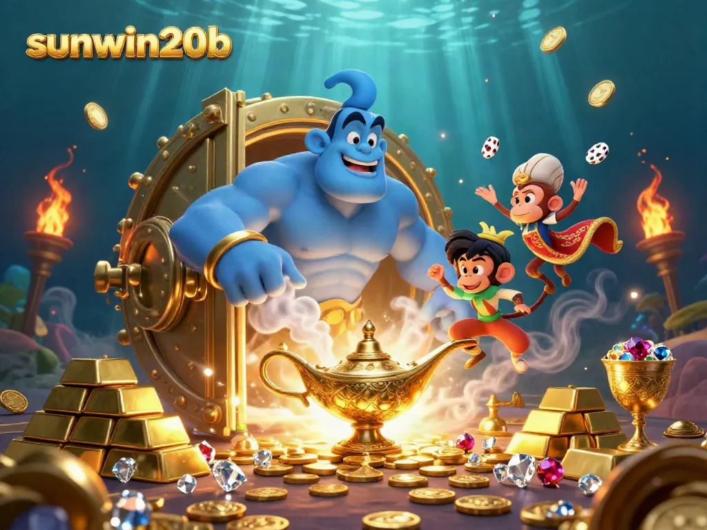 Experience the thrill of sunwin20b with a magical scene featuring a genie, jewels, and poker chips.