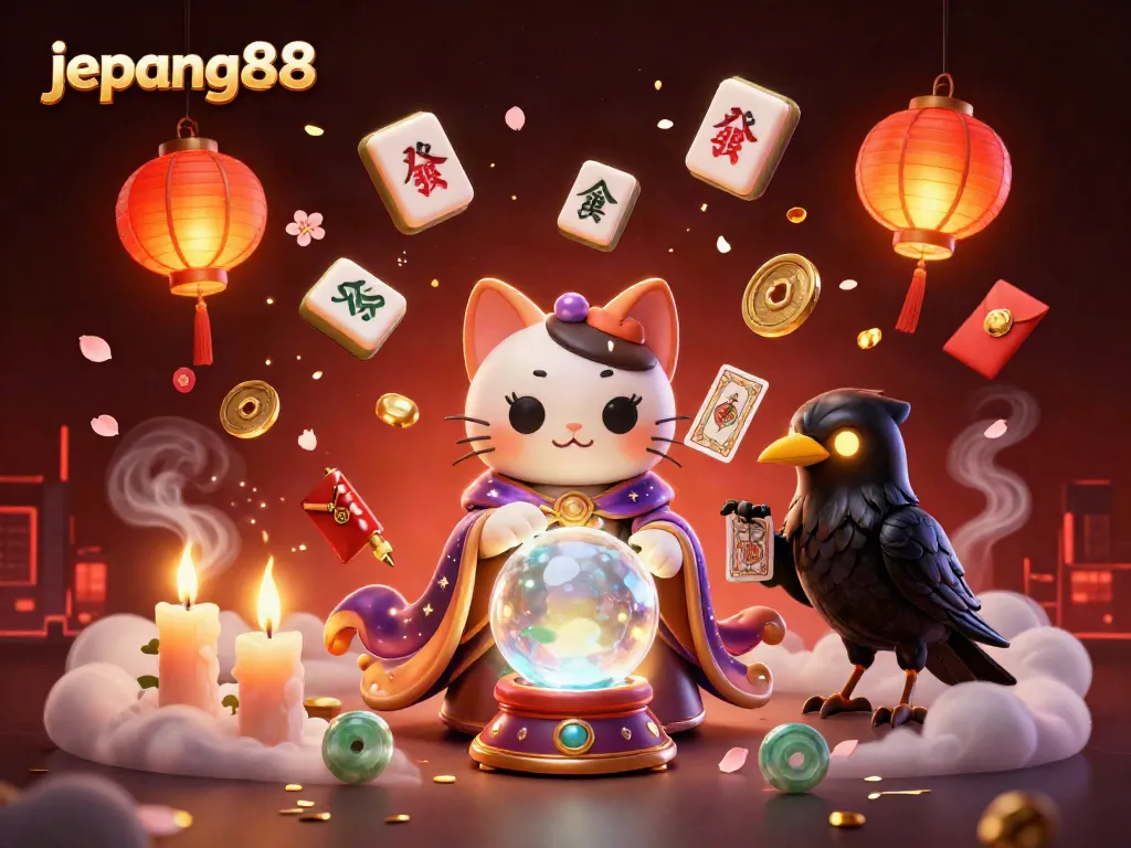 Engage with captivating jepang88 gaming visuals featuring a fortune teller cat and mystical elements.
