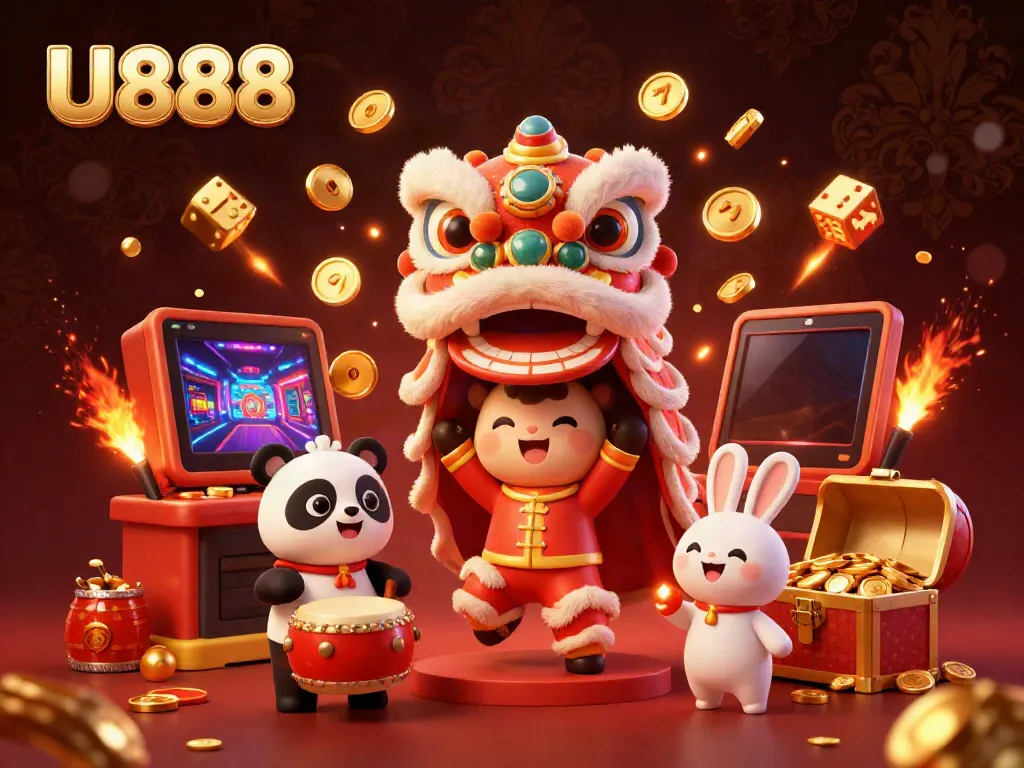 Experience the vibrant energy of U888 with a festive illustration featuring a lion dance, panda, and jackpot wins.