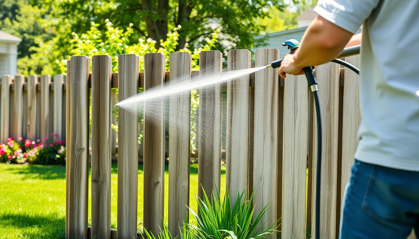 Efficient Fence Cleaning process, showcasing a technician soft washing the fence.