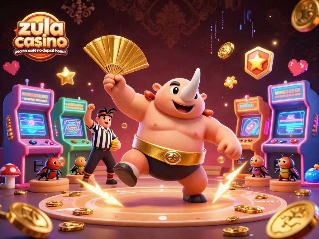 Zula Casino promo code no deposit bonus illustrated scene featuring a rhinoceros beetle champion in a dynamic casino atmosphere.