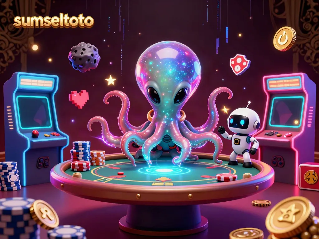 Experience the vibrant world of sumseltoto with an alien octopus at a holographic poker table amidst dynamic game elements.