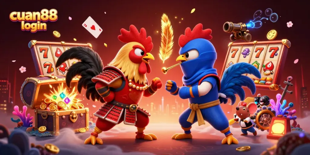Engage with cuan88 login through an exciting scene of cartoon fighting roosters in a dynamic casino environment.