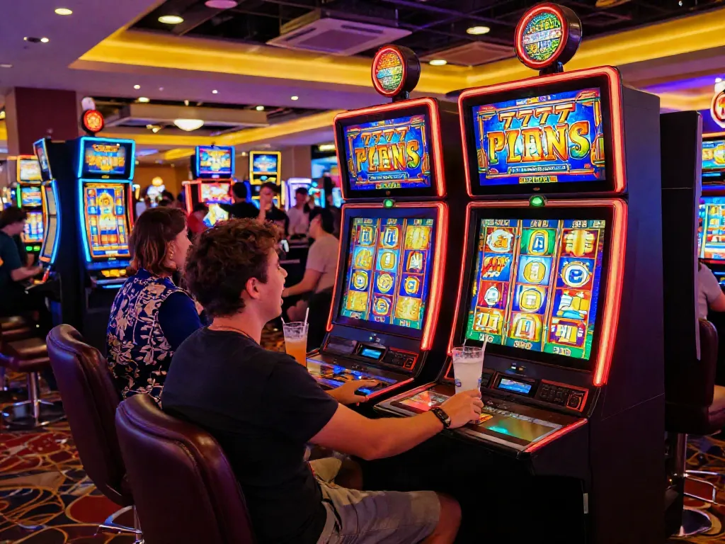 Player celebrating a win at a slot777 machine in a bustling casino atmosphere.