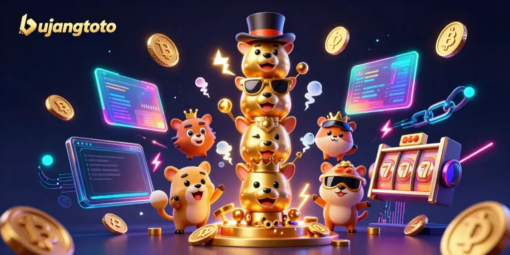 Engage with bujangtoto's vibrant gambling world featuring a lively totem pole and dynamic crypto elements.