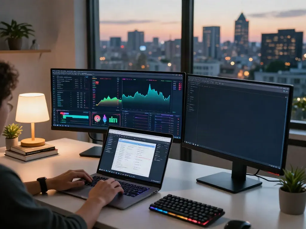 Real-time stock API interface and cryptocurrency charts from 股票数据接口 in a modern home office setting.