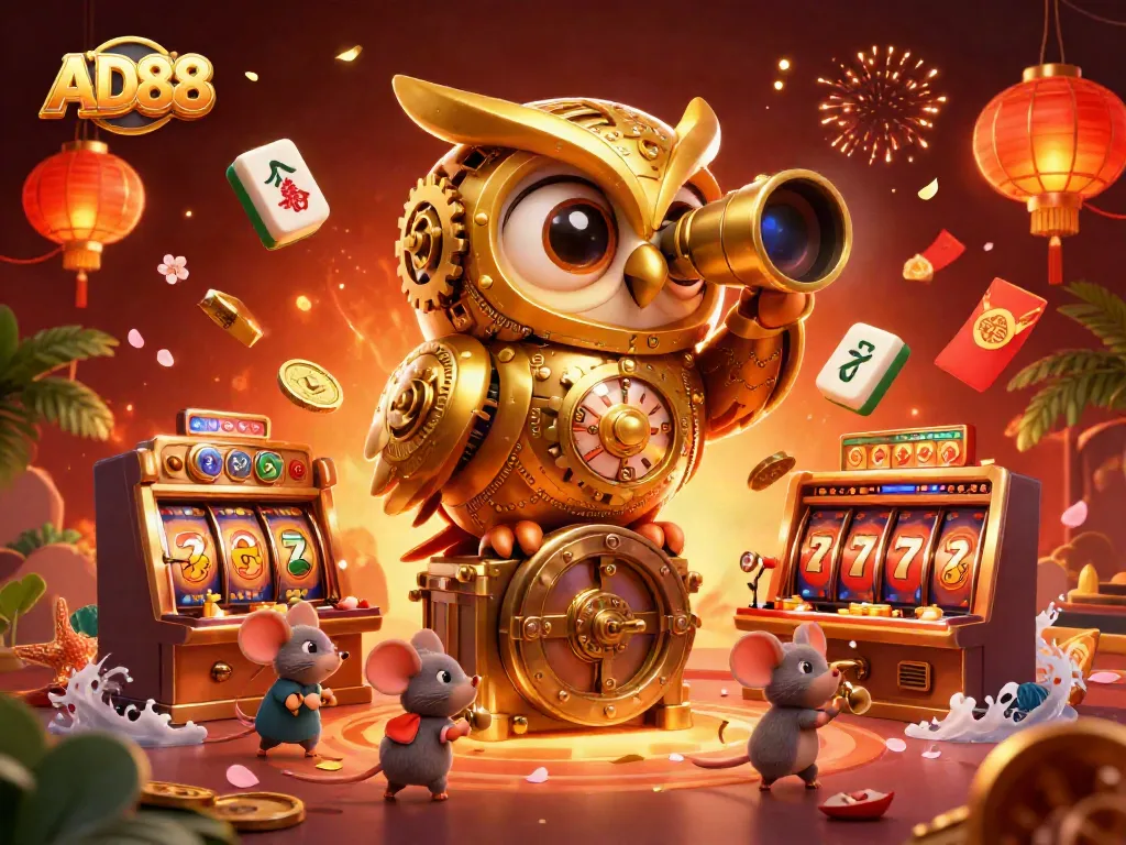 Experience the enchanting atmosphere of AD88 with a vibrant casino illustrated scene featuring a golden owl and lucky symbols.