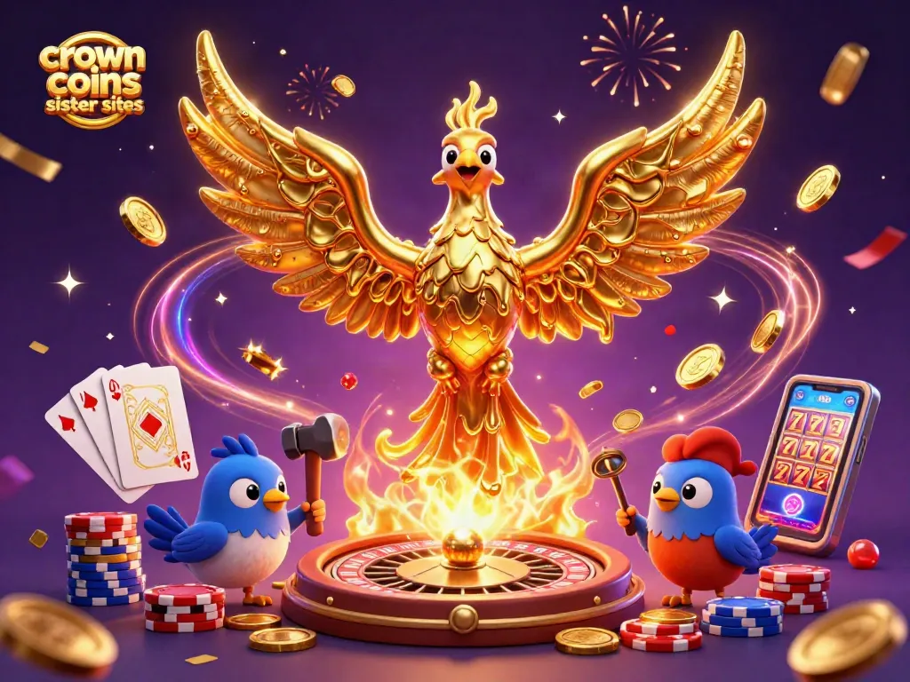 Experience excitement with crown coins sister sites showcasing a golden phoenix, coins, and a vibrant casino atmosphere.