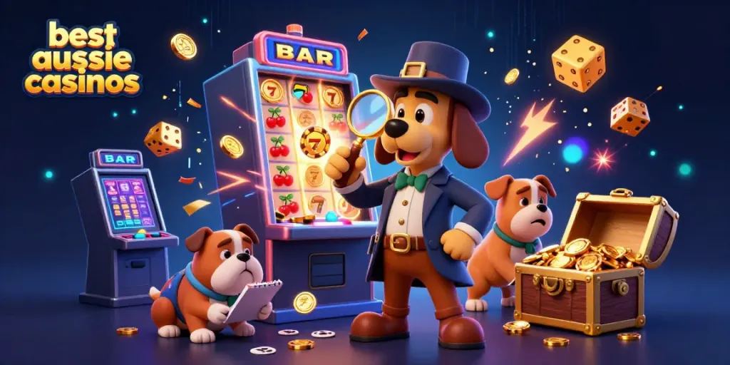Explore the best Aussie online casinos with a detective and bulldog amid casino symbols and treasures.