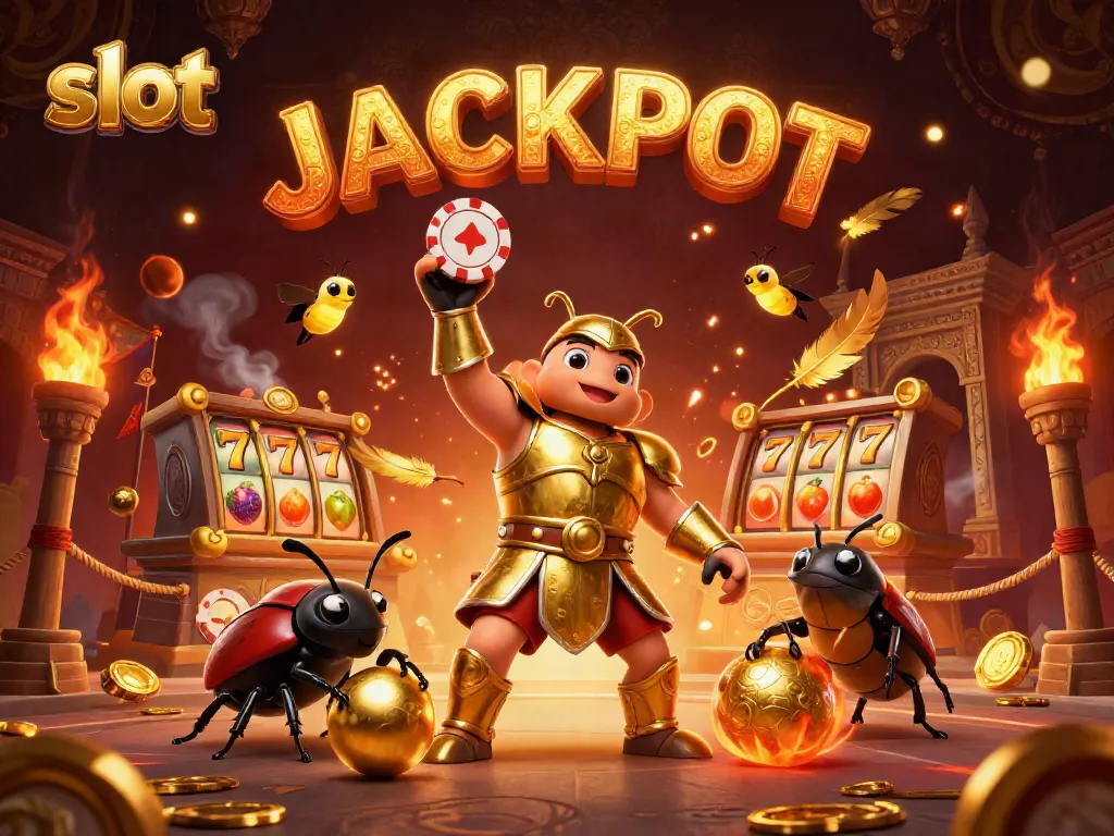 Celebrate a slot victory with a 3D beetle hero and vibrant casino elements