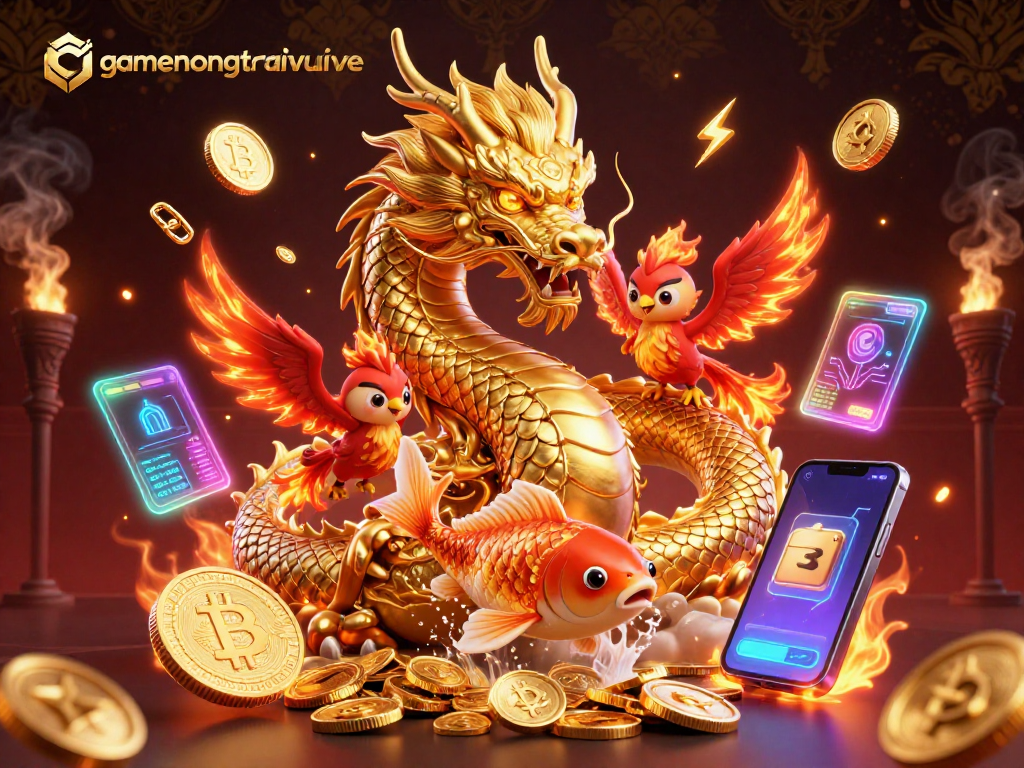 Engage in thrilling gameplay at gamenongtraivuive with golden dragon, phoenix, and koi fish, showcasing dynamic casino elements.