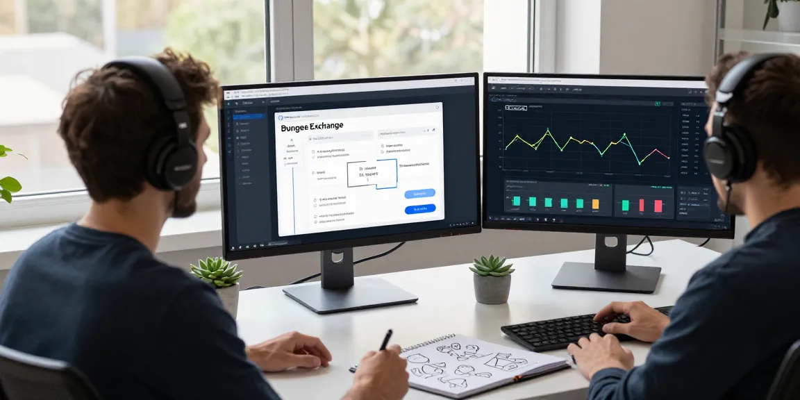 Blockchain developer using Bungee Exchange for cross-chain transactions, showcasing a modern tech workspace