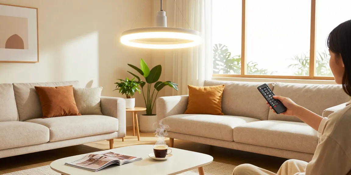 Lustra cu telecomanda suspendată în living, iluminând un spațiu modern și confortabil.
