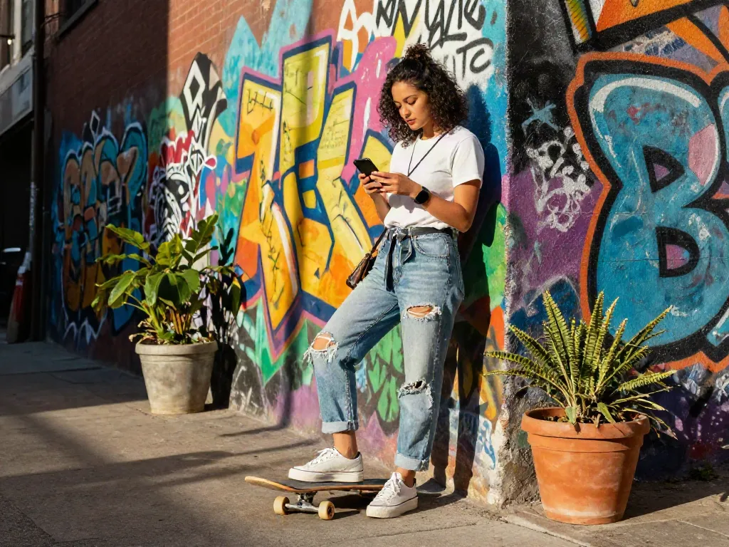 Sophie Rain xxx lifestyle scene with a stylish young woman in urban streetwear against vibrant graffiti.