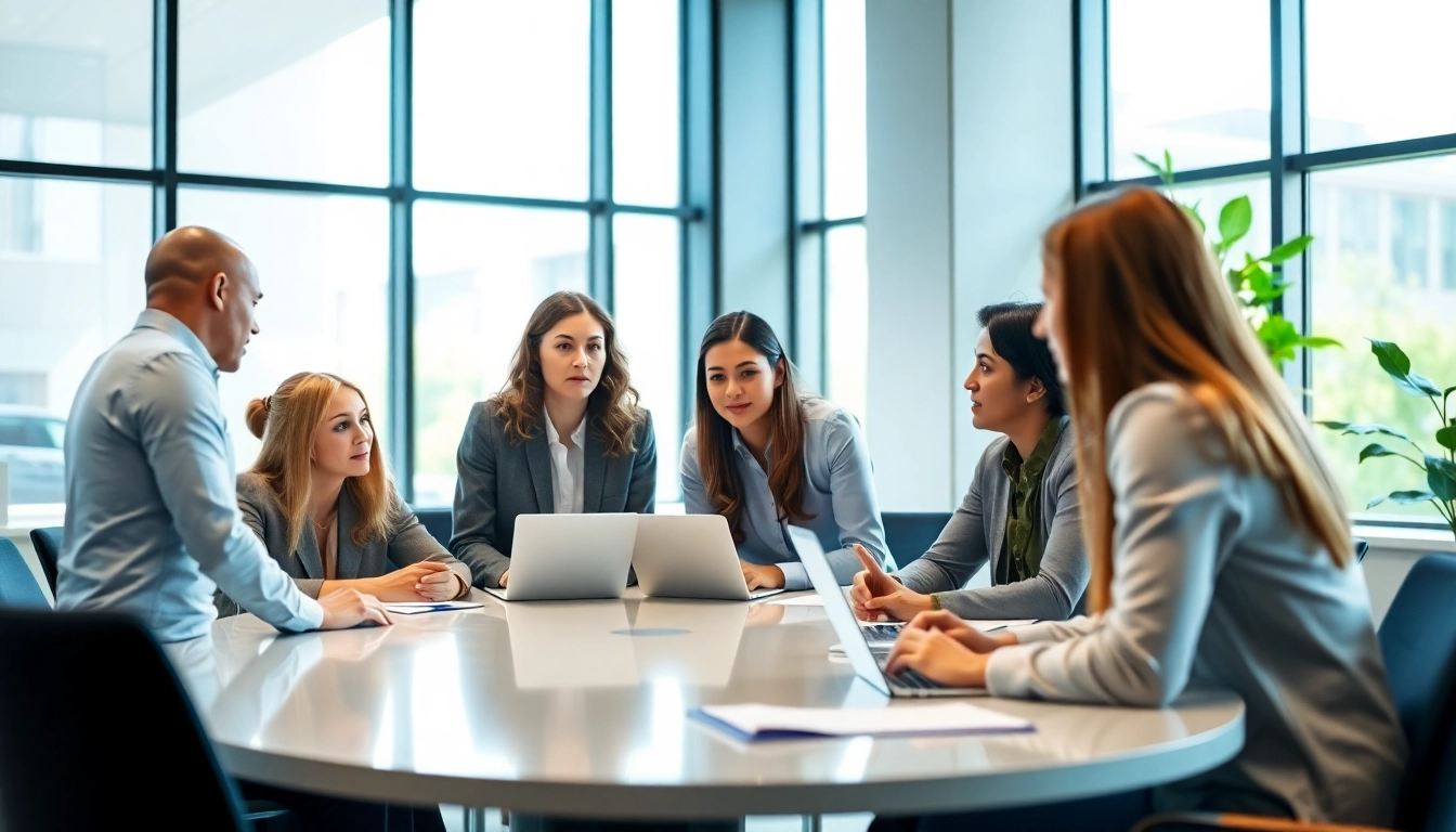 Engaged professionals from recruiting agencies collaborating in a modern office environment.