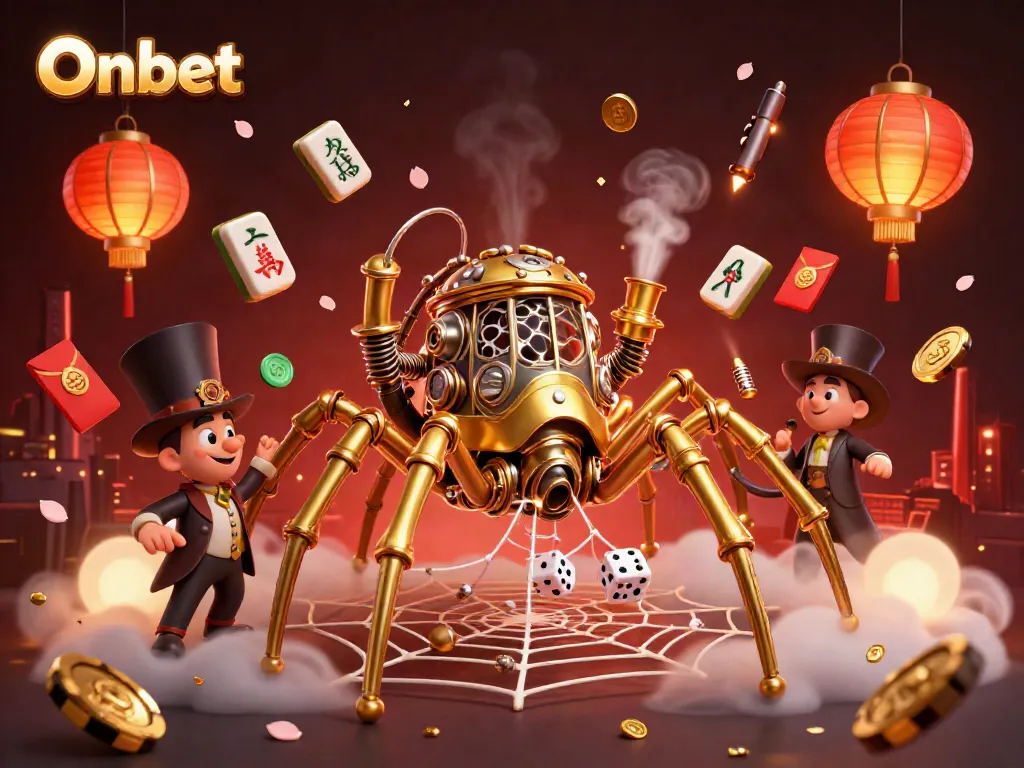 Engage in thrilling gameplay with Onbet's unique characters in a colorful casino scene.
