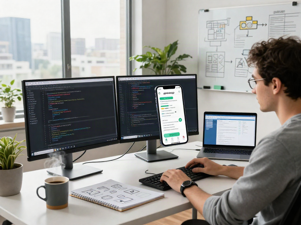 Software engineer developing gbwhatsapp app interface in modern workspace with coding on monitors and city view.