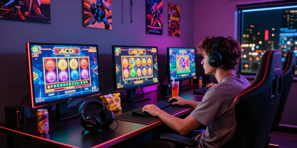 Player enjoying an exciting slot gacor game session in a colorful and immersive gaming setup.