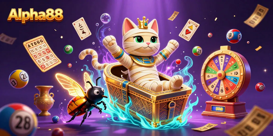 Experience thrilling gameplay at Alpha88 with an Egyptian mummy cat and vibrant casino elements.