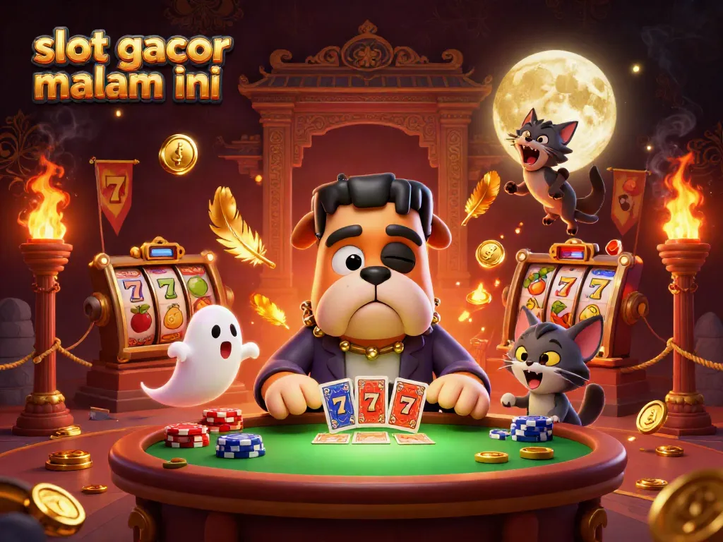 Gambarkan slot gacor malam ini dengan karakter monster di meja hijau, ditambah simbol jackpot dan koin emas.