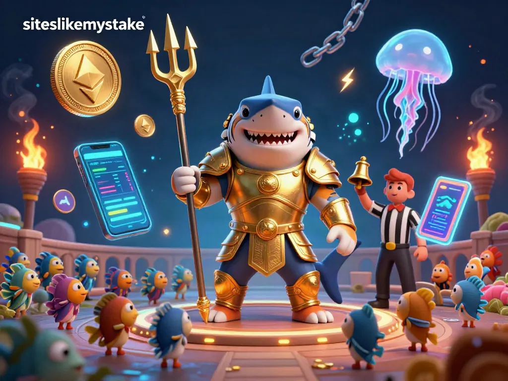 Engage with siteslikemystake through a vibrant underwater casino scene with a tiger shark and crypto coins.