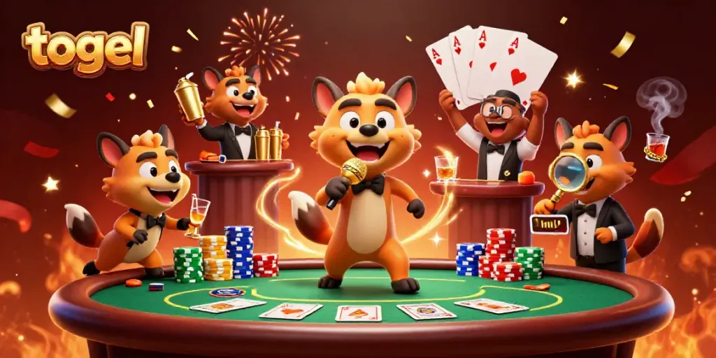 Experience the lively togel scene with cartoon hyenas at a casino comedy club, illustrating excitement and fun.