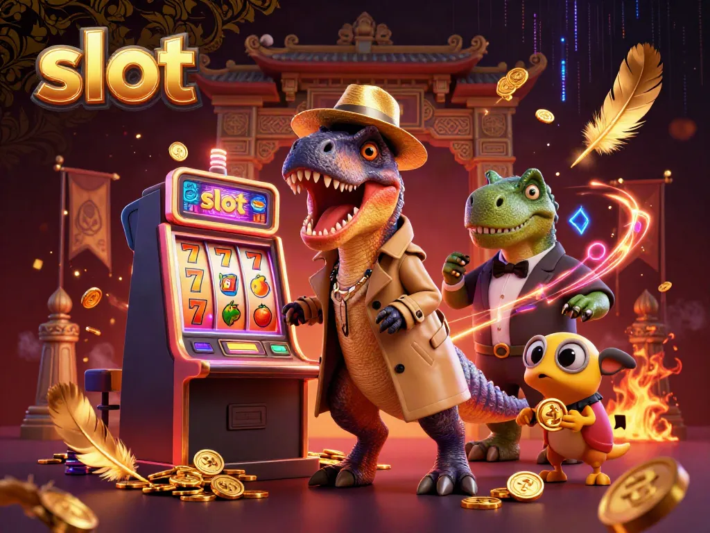Permainan slot dengan velociraptor berjudi di mesin slot dan penipuan chip oleh compy, dalam suasana kasino.