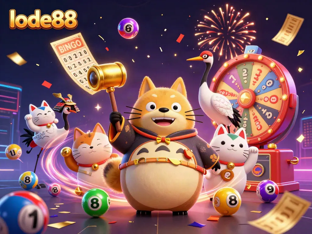 Lode88 attracts players with a vibrant 3D illustration of a cheerful tanuki and a crane in a festive casino scene.