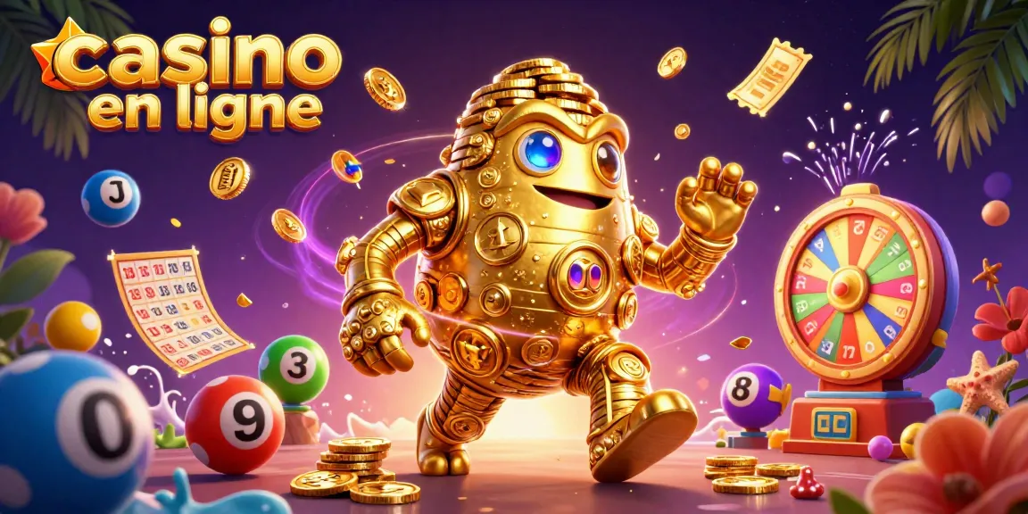 Jouer sur un casino en ligne avec un golem doré entouré d'éléments de loterie et de gains.