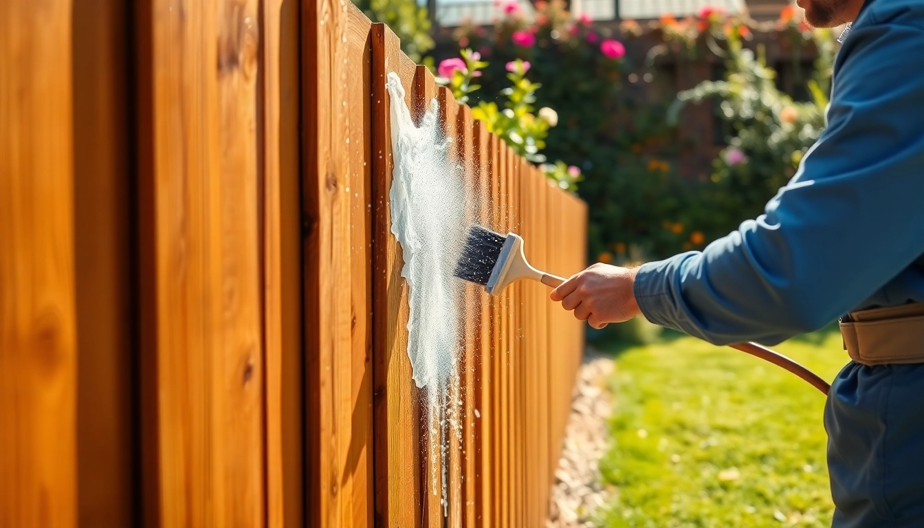 Fence Cleaning: Professional cleaning of a wooden fence in a beautiful garden environment.