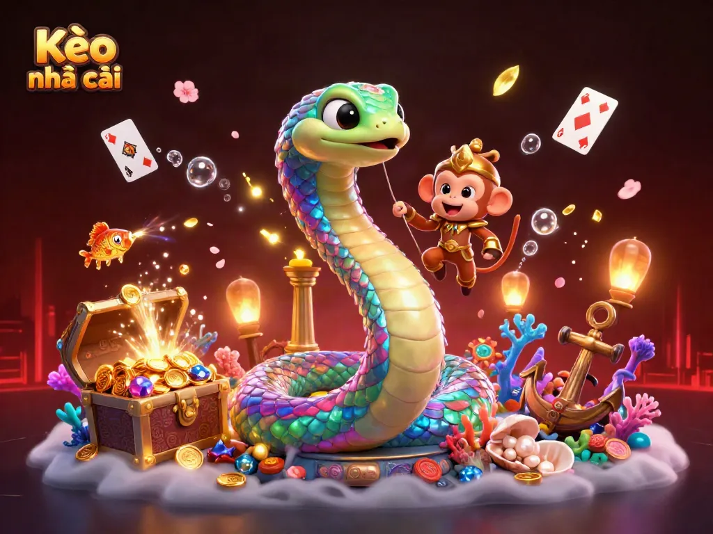 Experience the excitement of Kèo nhà cái with a vibrant 3D scene featuring a rainbow serpent and treasure-filled underwater adventure.