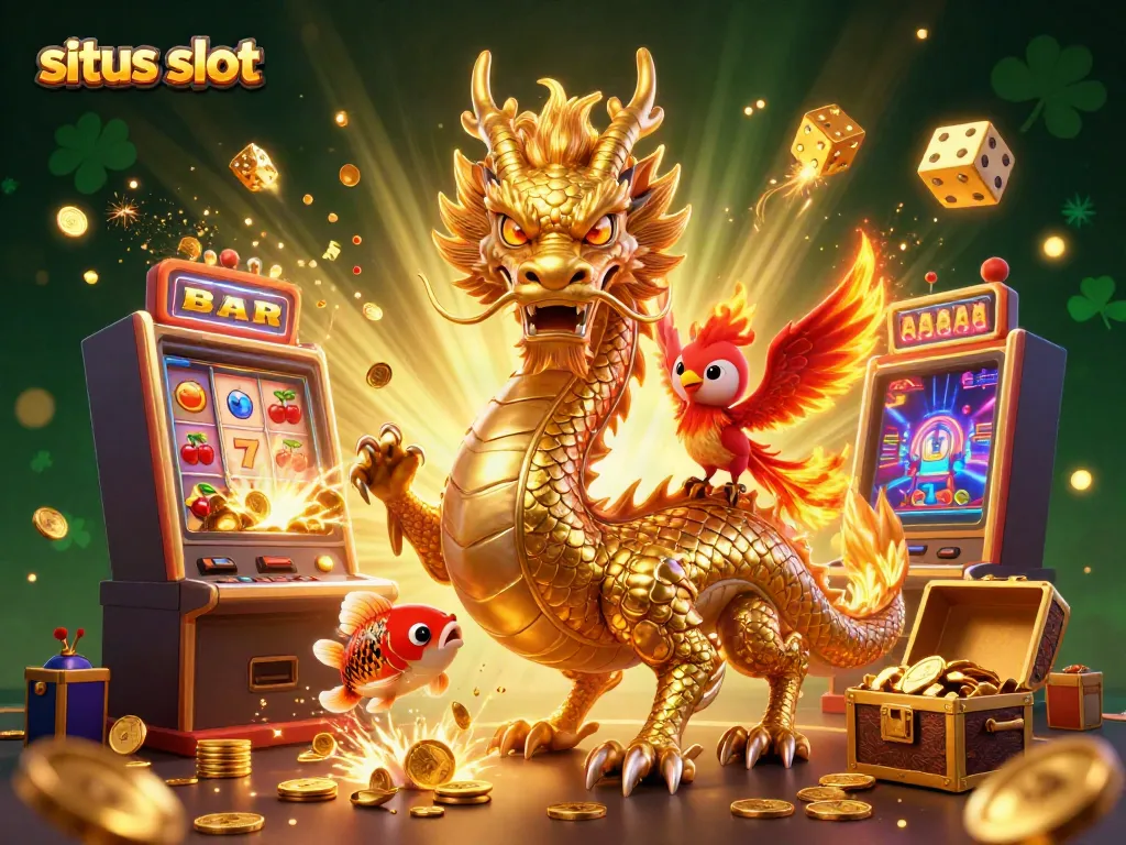 Menangkan jackpot di situs slot dengan ilustrasi naga dan simbol kasino yang berlimpah.