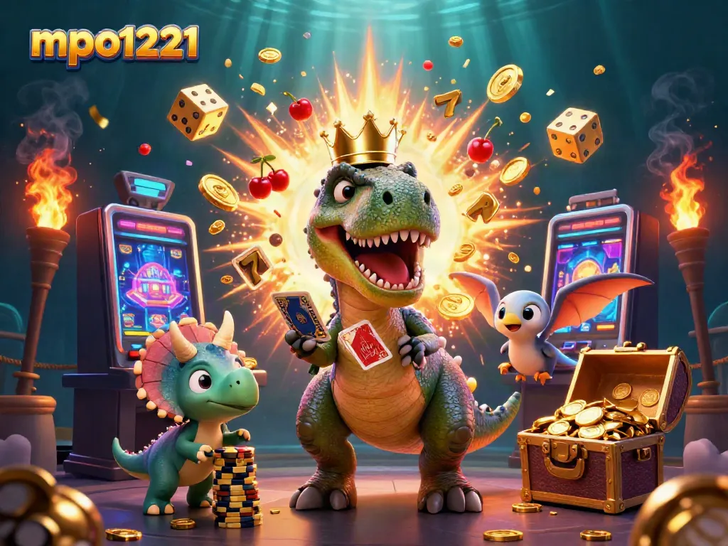 Action-packed casino scene featuring mpo1221 characters engaging with slot machines and cards.