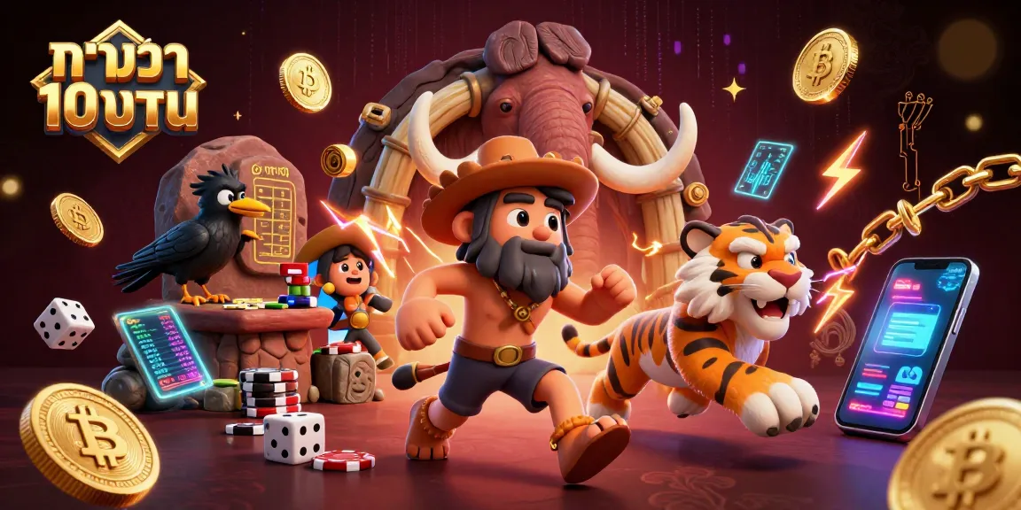 Engage in บาคาร่า 10 บาท with a vibrant 3D casino scene featuring prehistoric characters and crypto elements.