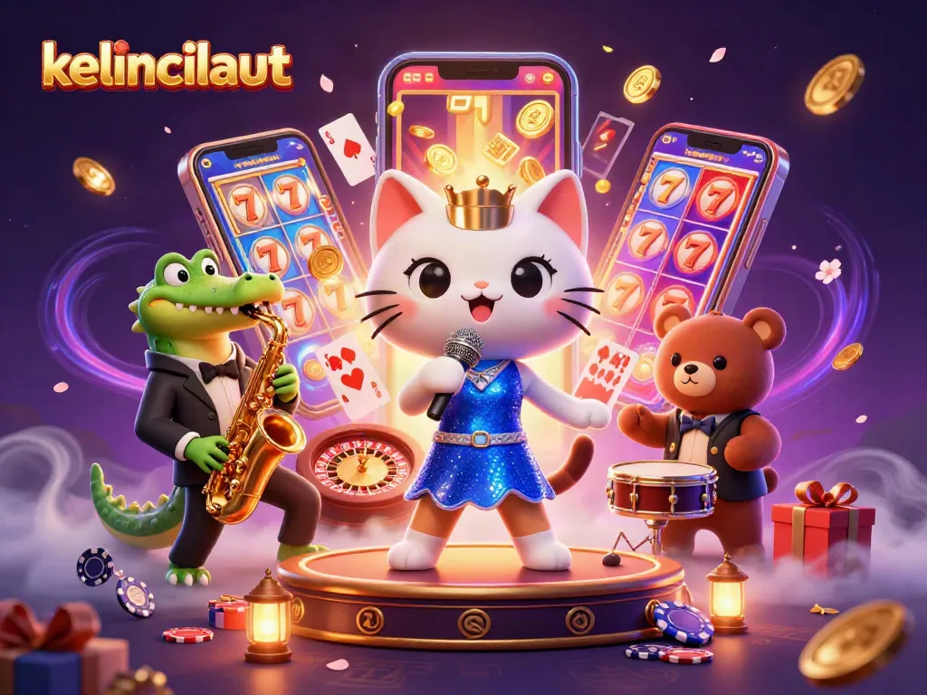 Join the excitement at kelincilaut with a lively scene featuring jazzy characters and dynamic casino gaming elements.